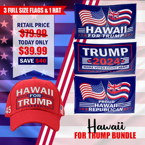 50 States For Trump Flag and Hat Bundle - Includes 1 State for Trump Hat and 3 unique Trump 2024 flags