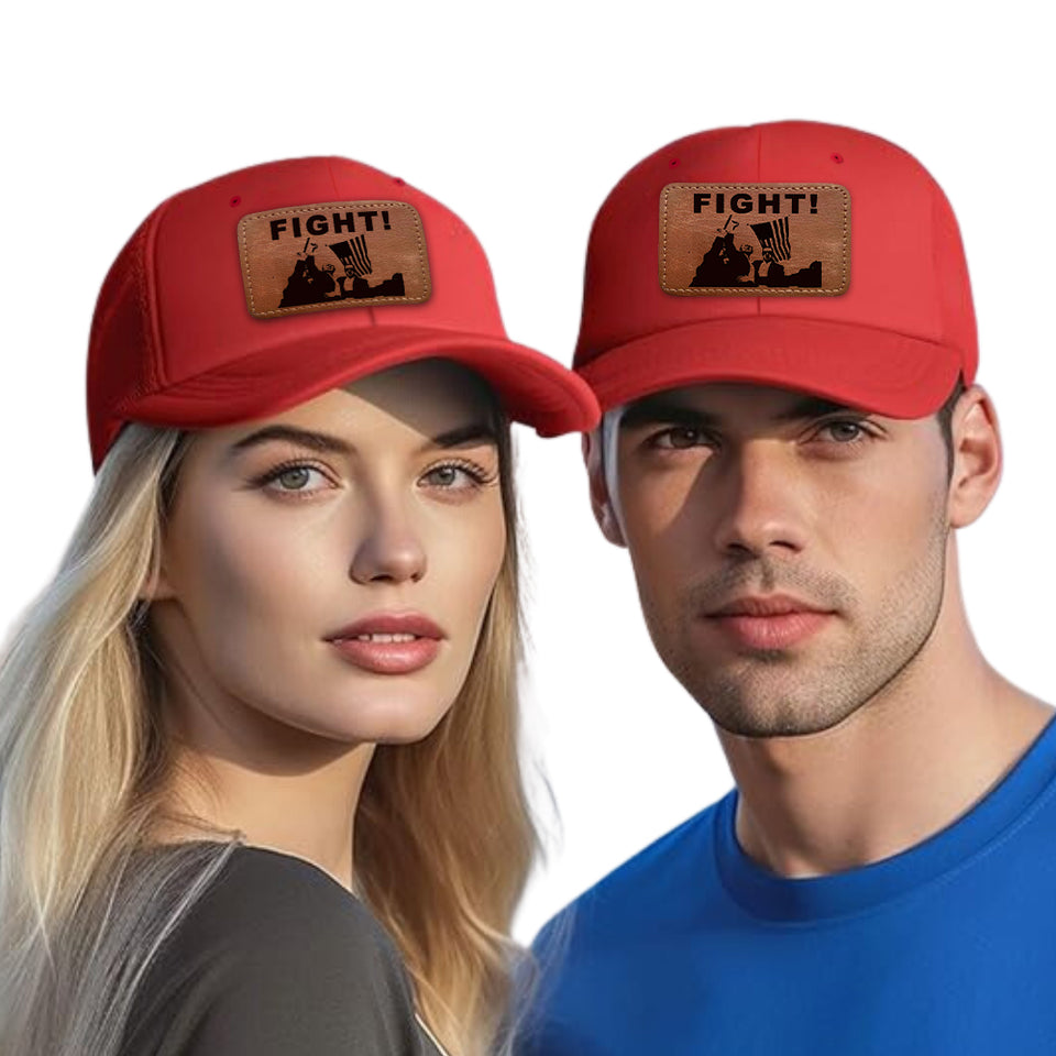 FIGHT! Trump 2024 Red Hat with Tan leather patch