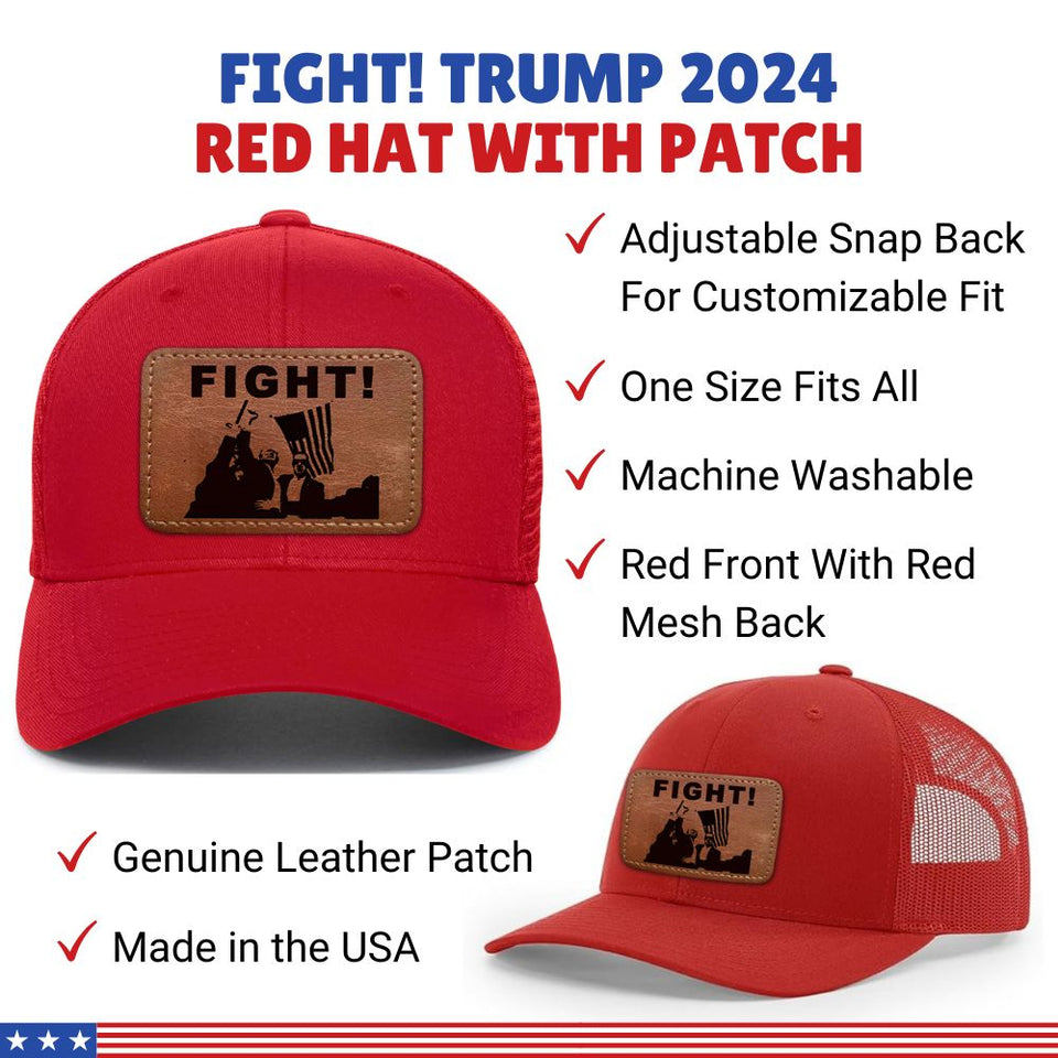 FIGHT! Trump 2024 Red Hat with Tan leather patch