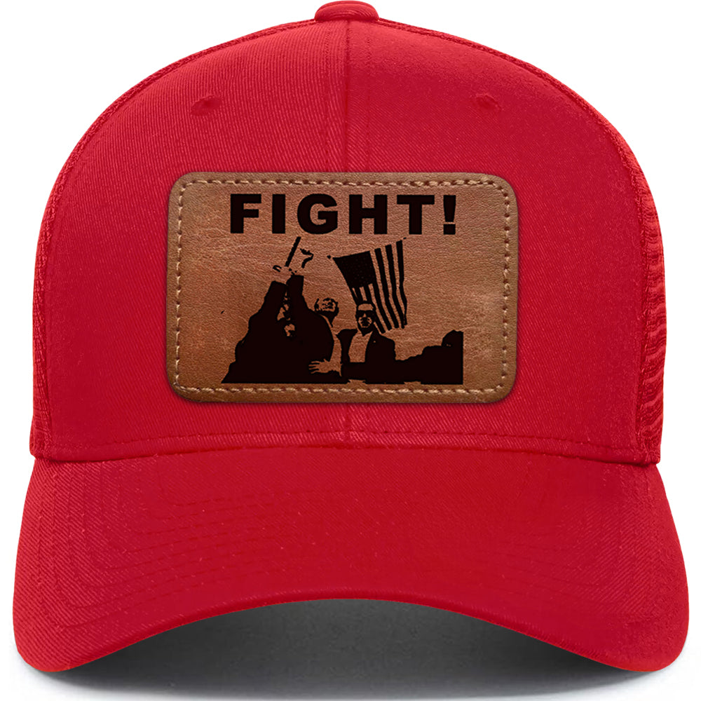 FIGHT! Trump 2024 Red Hat with Tan leather patch