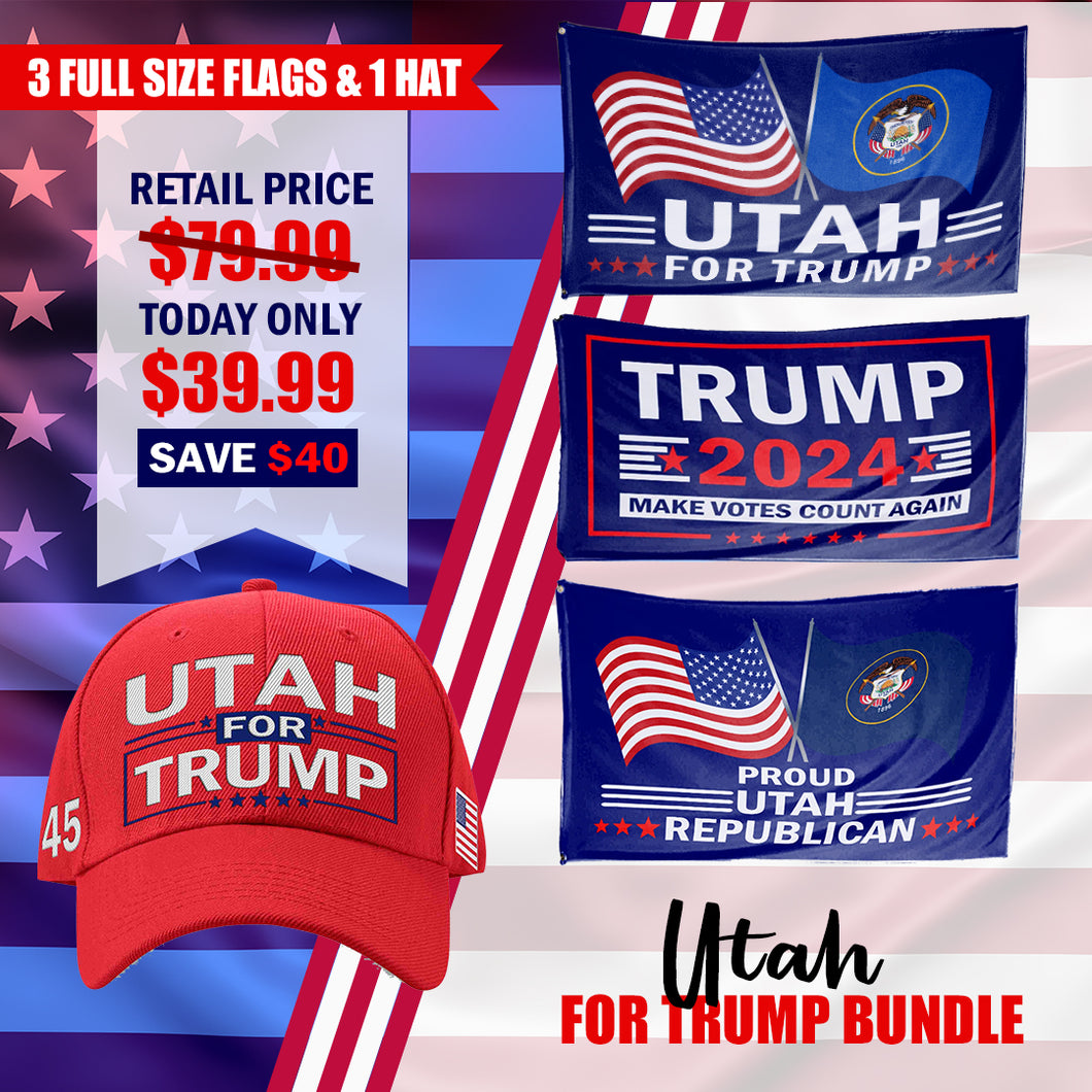 Utah For Trump Flag and Hat Bundle - Includes 1 Utah for Trump Hat and 3 unique Trump 2024 flags