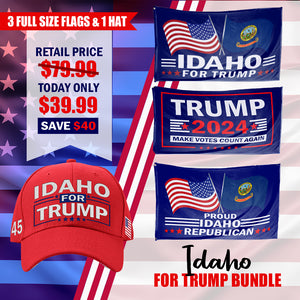 Idaho For Trump Flag and Hat Bundle - Includes 1 Idaho for Trump Hat and 3 unique Trump 2024 flags