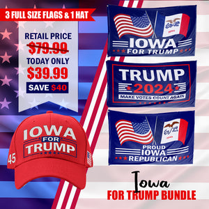 Iowa For Trump Flag and Hat Bundle - Includes 1 Iowa for Trump Hat and 3 unique Trump 2024 flags
