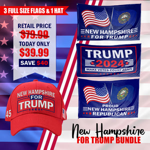 New Hampshire For Trump Flag and Hat Bundle - Includes 1 New Hampshire for Trump Hat and 3 unique Trump 2024 flags