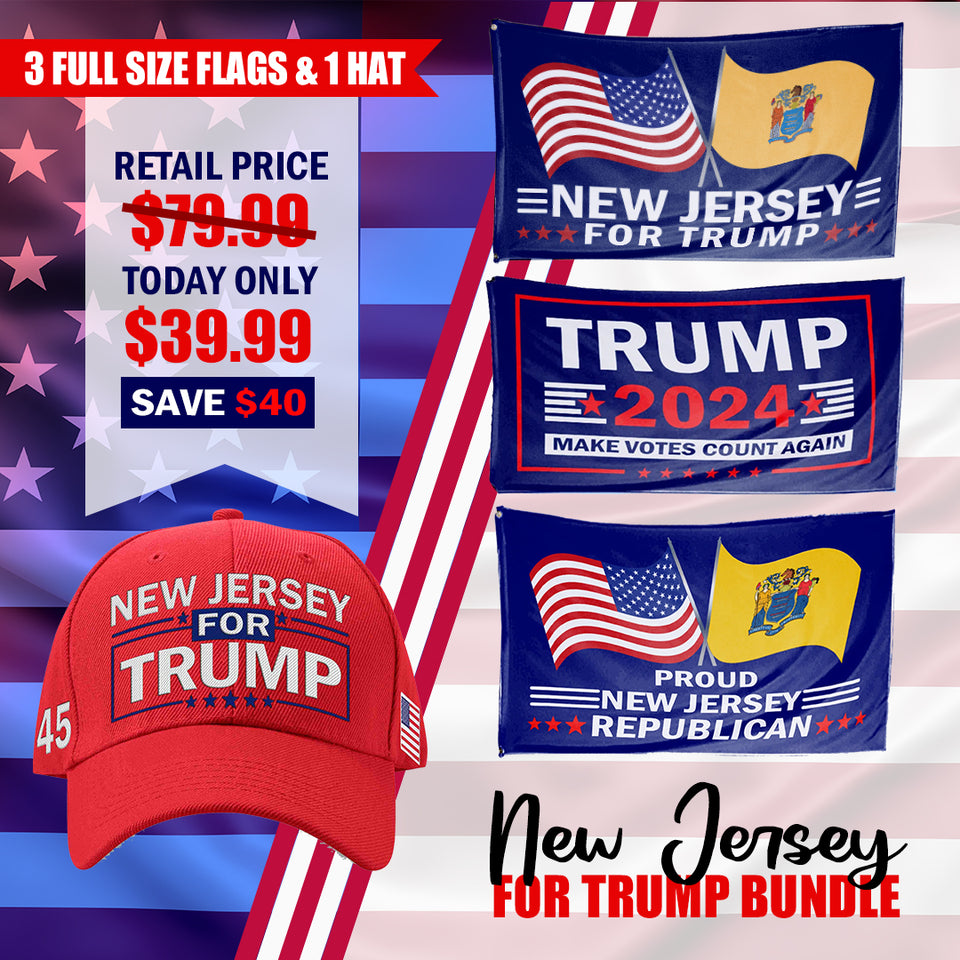 New Jersey For Trump Flag and Hat Bundle - Includes 1 New Jersey for Trump Hat and 3 unique Trump 2024 flags