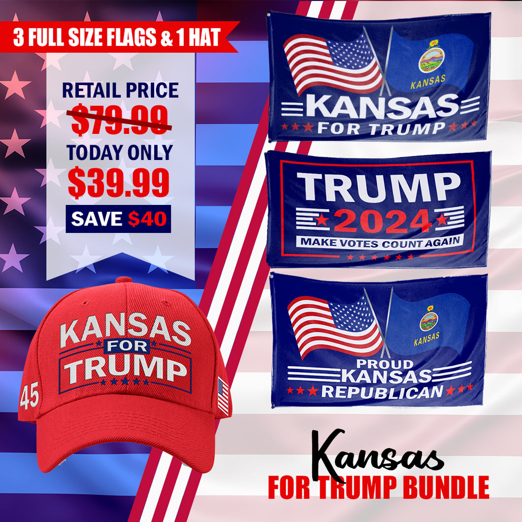 Kansas For Trump Flag and Hat Bundle - Includes 1 Kansas for Trump Hat and 3 unique Trump 2024 flags