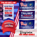 Vermont For Trump Flag and Hat Bundle - Includes 1 Vermont for Trump Hat and 3 unique Trump 2024 flags