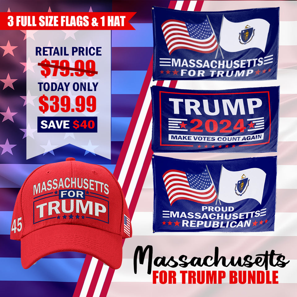 Massachusetts For Trump Flag and Hat Bundle - Includes 1 Massachusetts for Trump Hat and 3 unique Trump 2024 flags